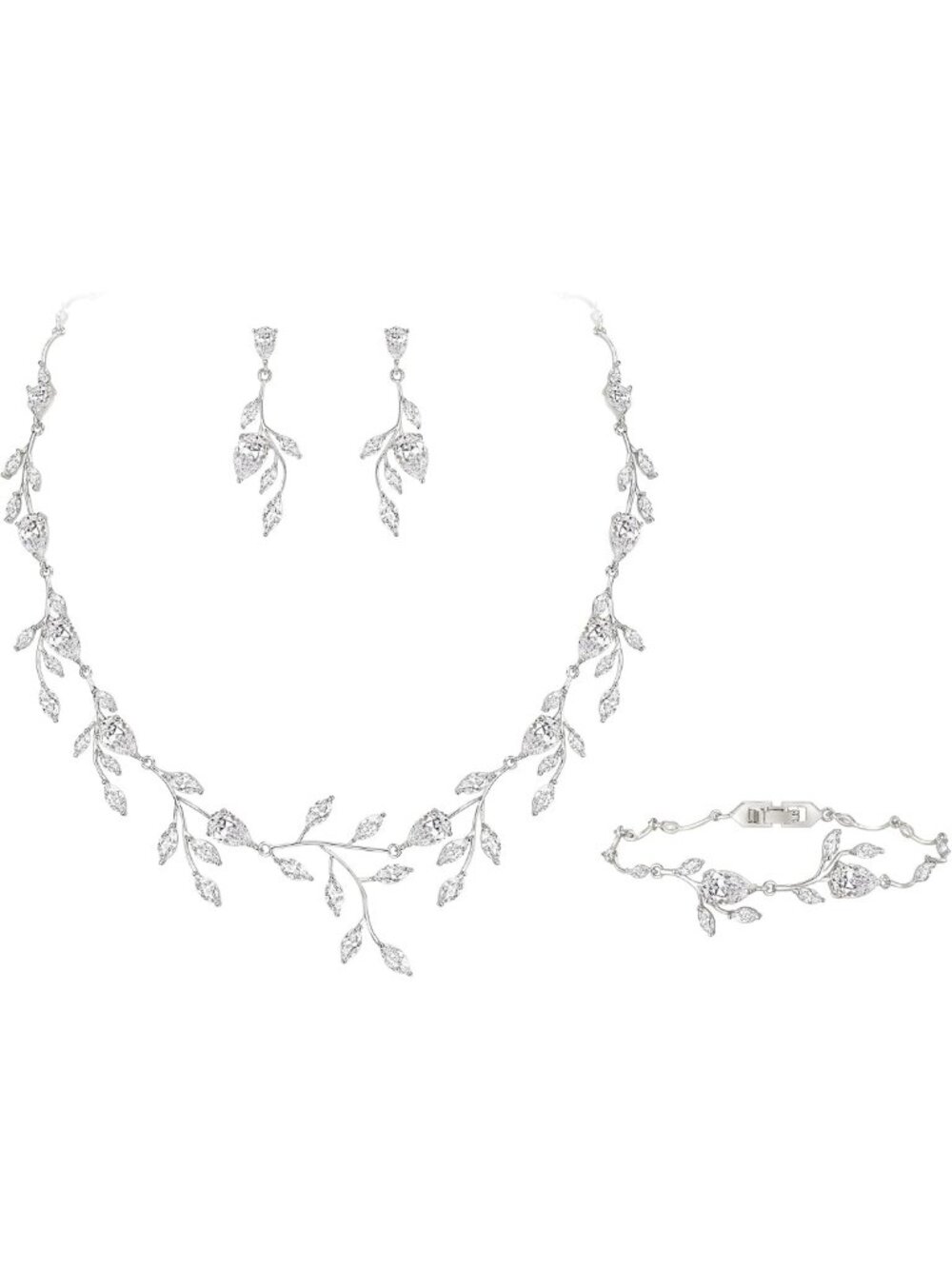 Elegant Cubic Zirconia Drop Leaf Vine Jewelry Set for Weddings & Prom Events